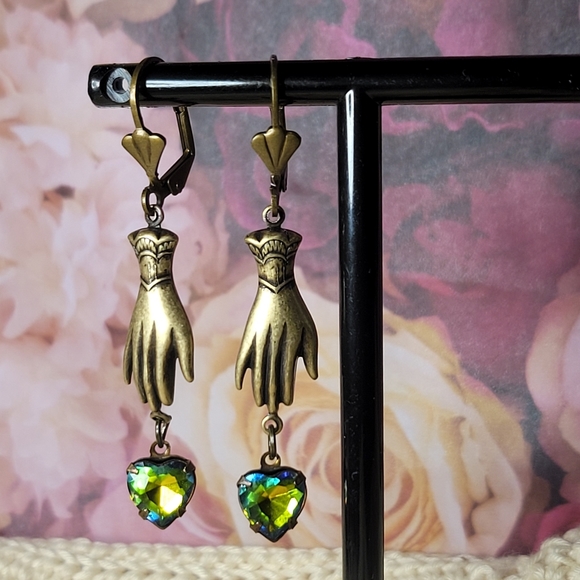 Victorian Vitrail Heart in Hand Earrings - Picture 1 of 8